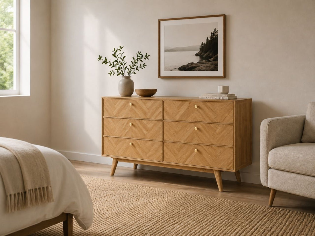 Modern 6-drawer dresser with warm oak finish, herringbone drawer pattern, gold knobs, and clean mid-century styling.
