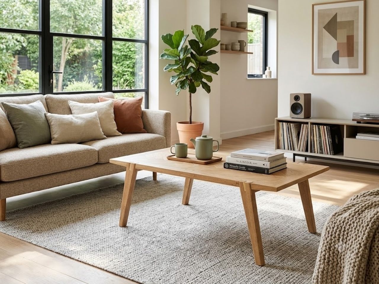 Light wood coffee table with tapered legs and a clean Scandinavian-inspired design, styled in a bright modern living room.
