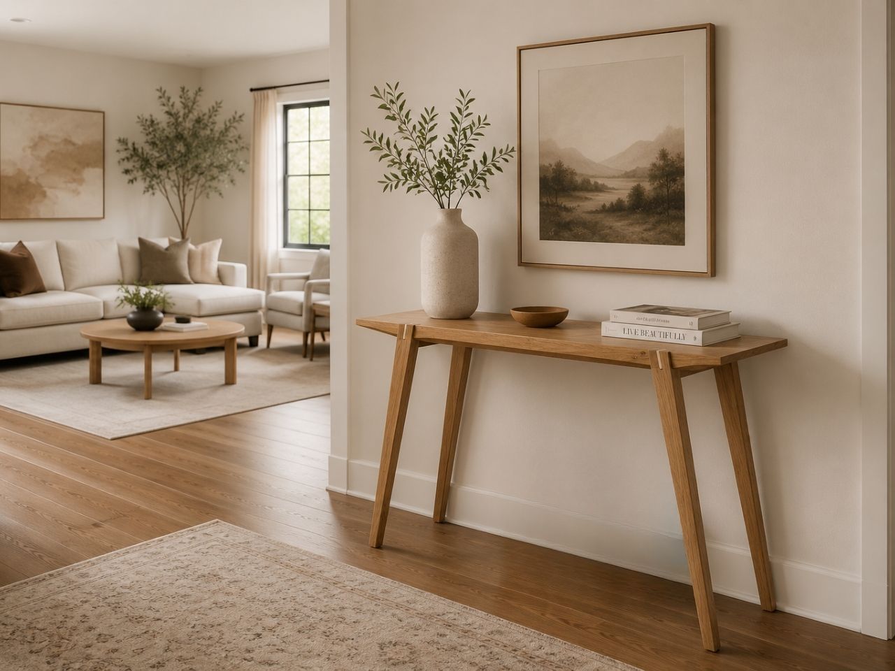 Light wood console table styled in a warm modern living room with neutral décor.