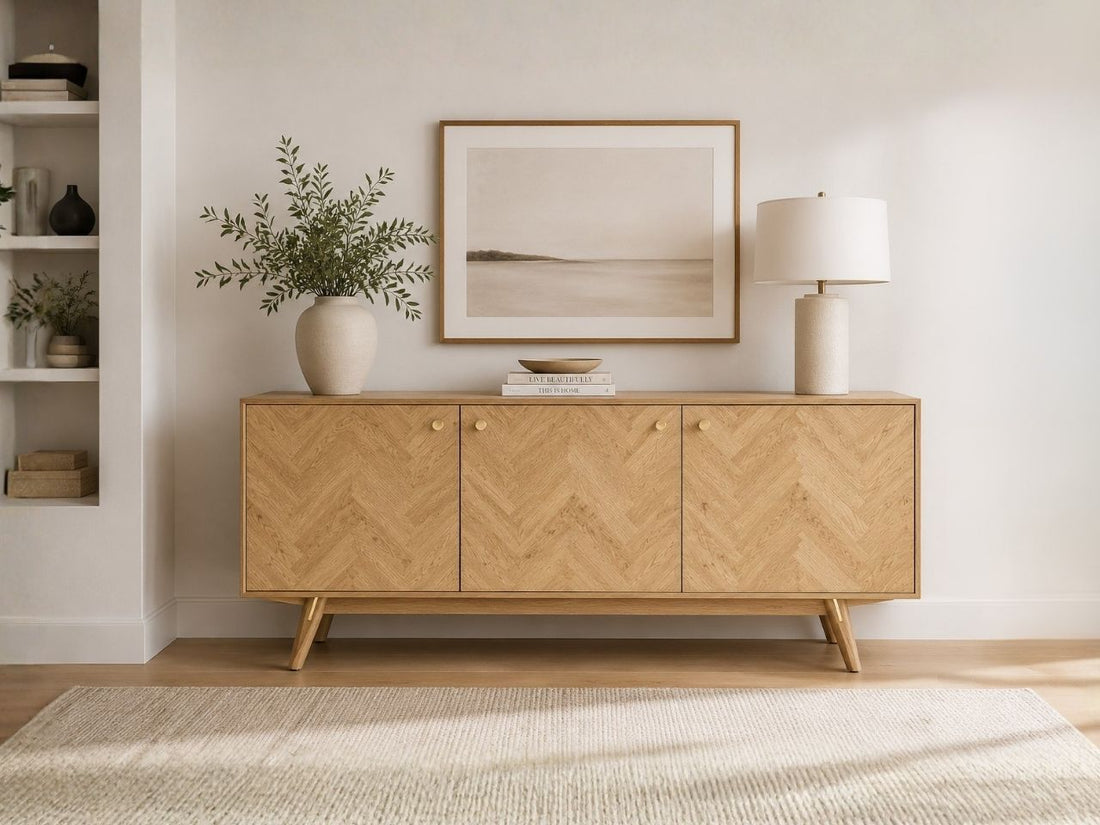 Light wood sideboard with herringbone-pattern doors and Scandinavian-inspired style.