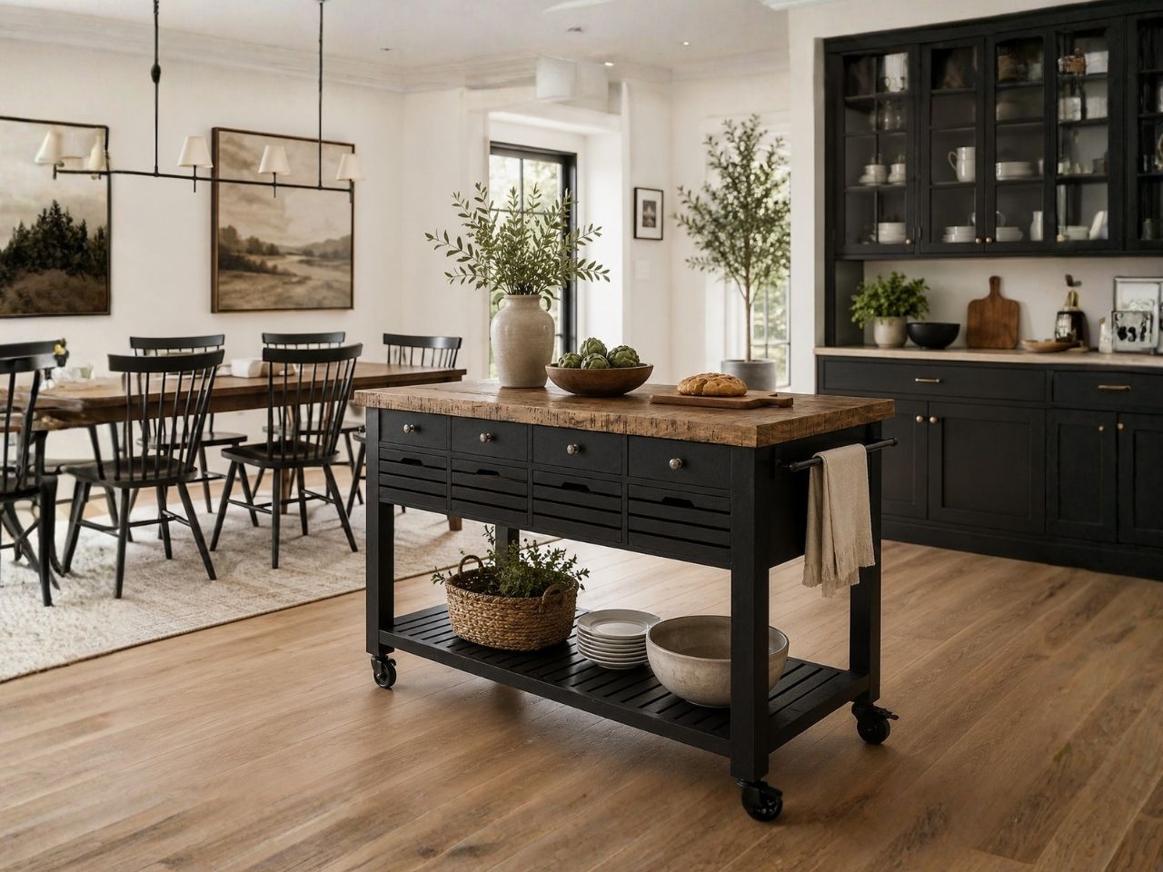 Brown wood rolling kitchen island with drawers and open storage.