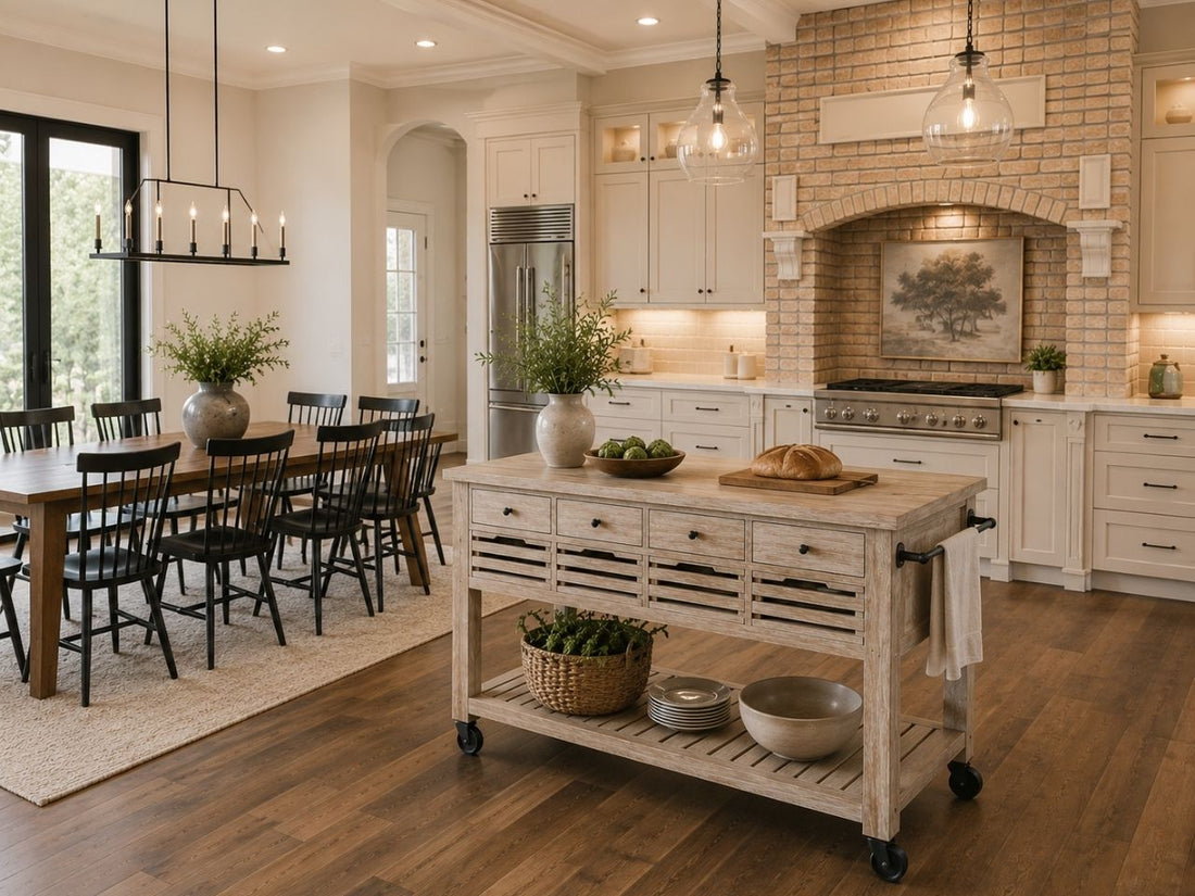 Brown wood rolling kitchen island with drawers and open storage.