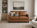 Tan leather loveseat with clean contemporary style.