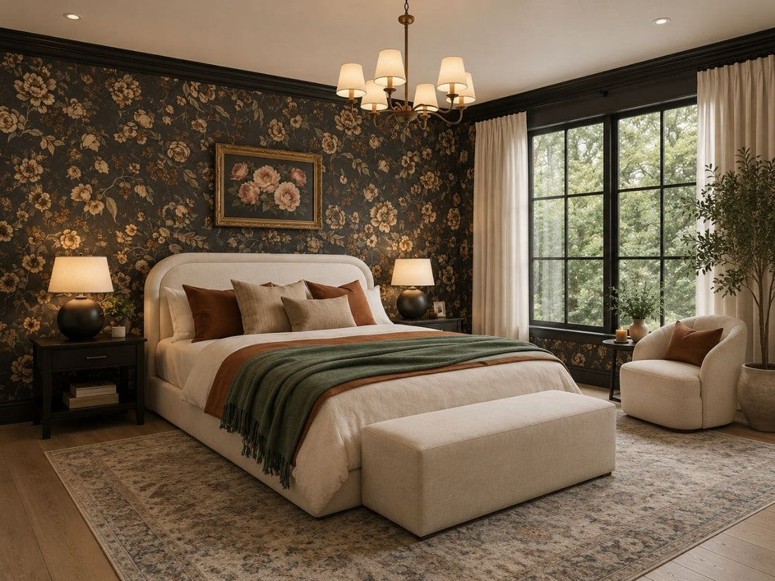Cozy upholstered bed in a moody bedroom with dark floral wallpaper, warm lighting, and neutral accent decor.
