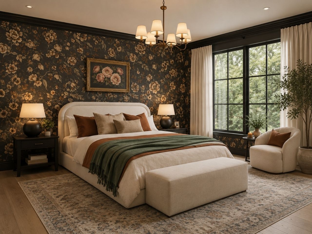 Cozy upholstered bed in a moody bedroom with dark floral wallpaper, warm lighting, and neutral accent decor.