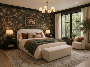 Cozy upholstered bed in a moody bedroom with dark floral wallpaper, warm lighting, and neutral accent decor.