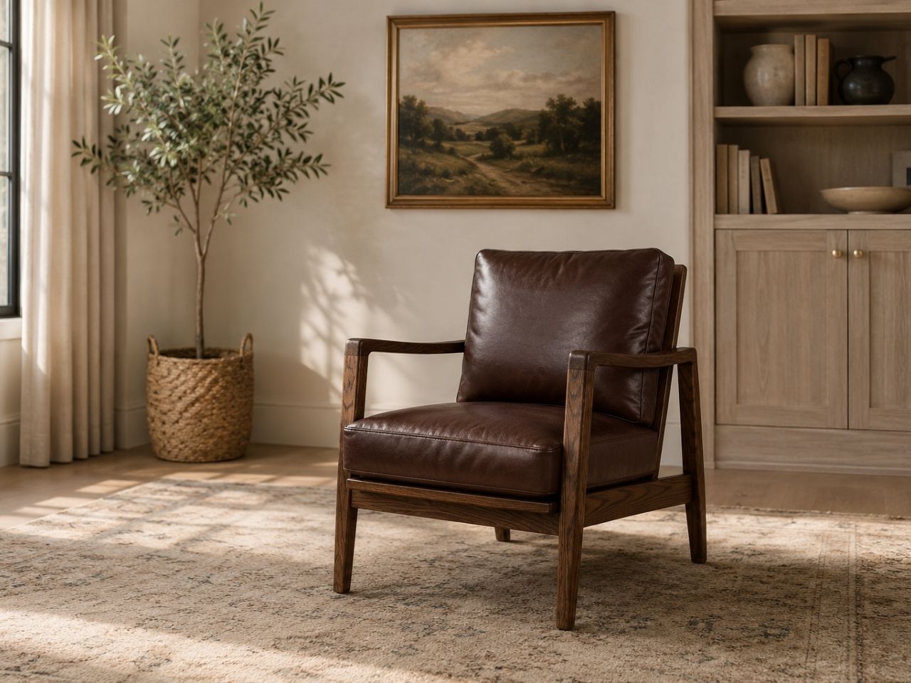Brown leather accent chair with a wooden frame in a modern neutral living room.