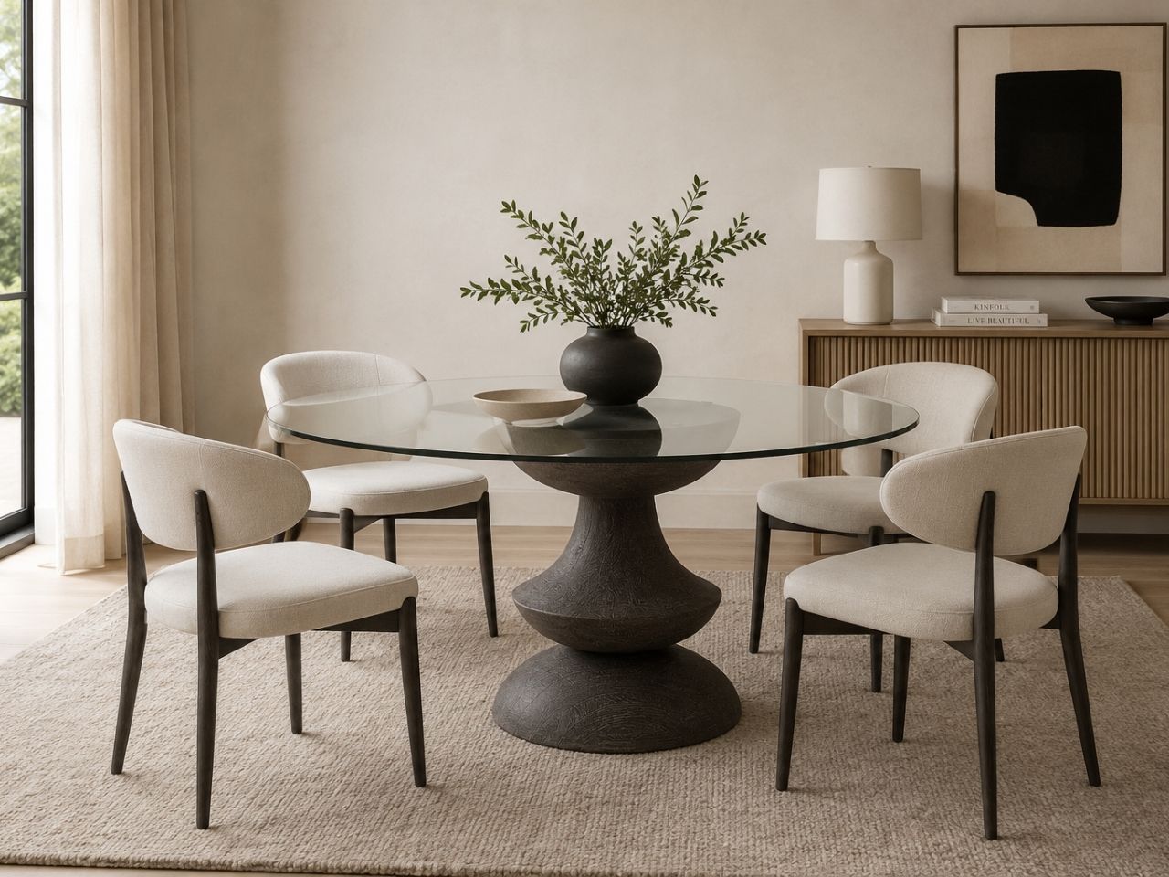 Round glass-top dining table with a sculptural black pedestal base and four upholstered dining chairs.