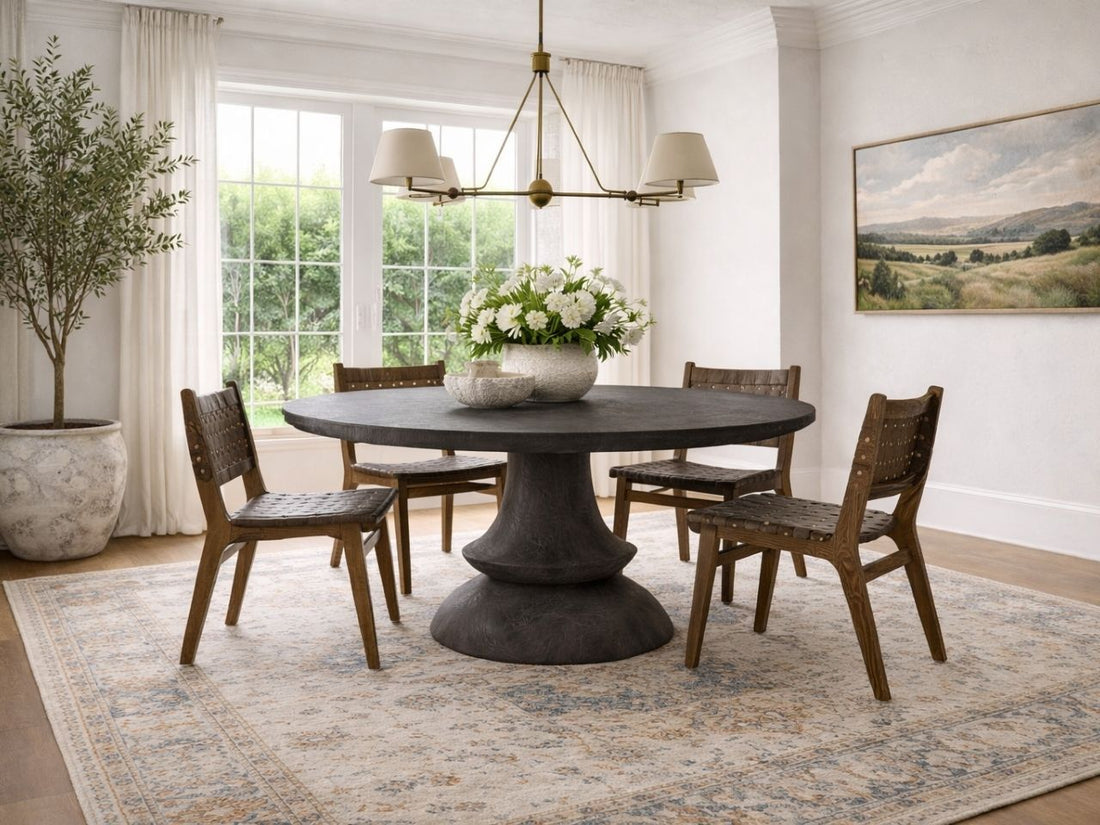 A round dark dining table with wooden chairs in a bright, modern dining room.