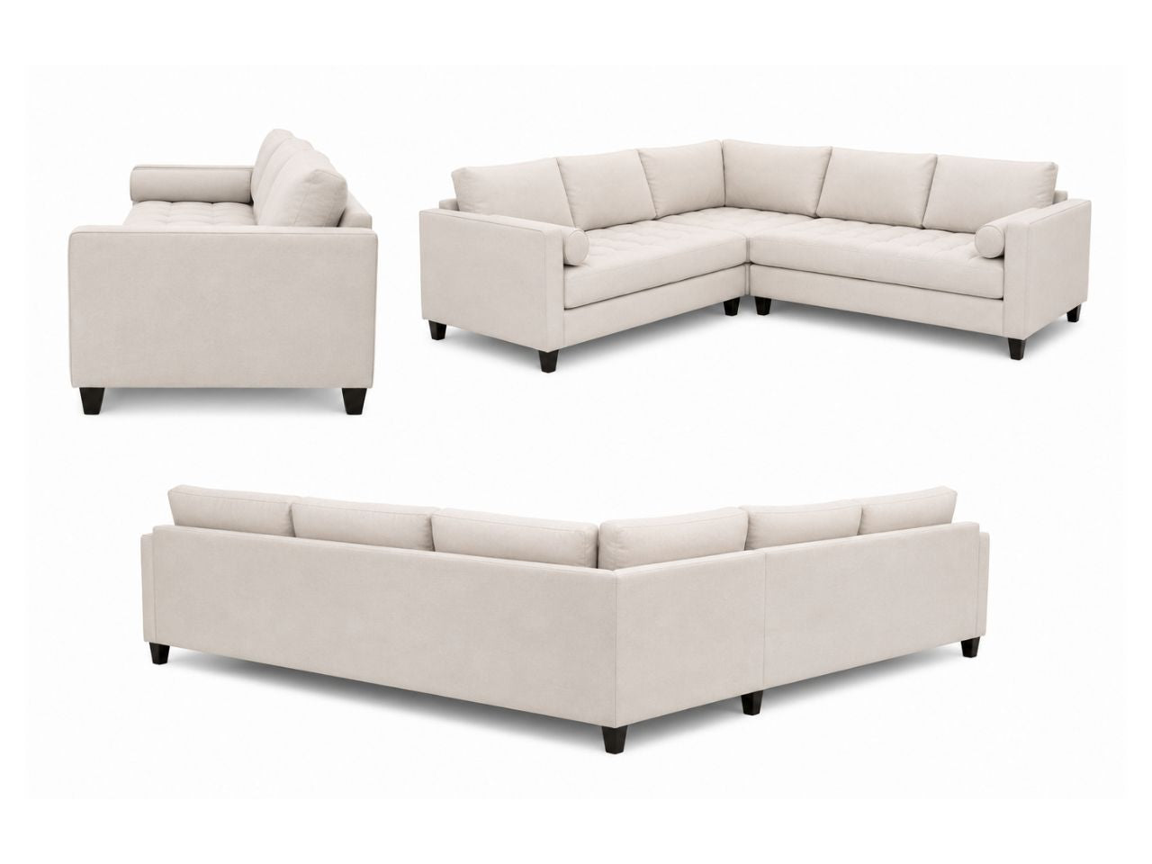 Neutral fabric sectional shown from multiple angles on a white background.
