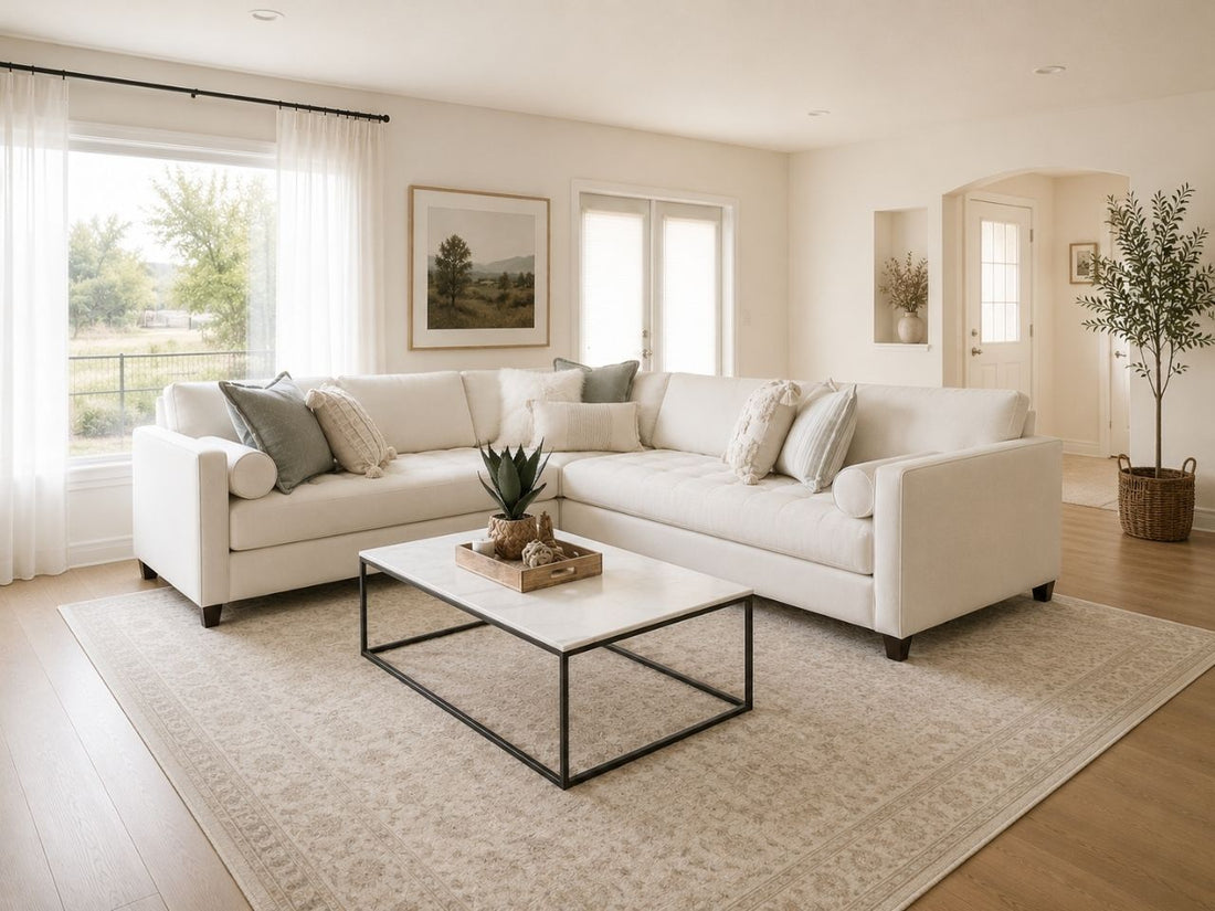 Large cream sectional sofa with accent pillows in a bright, modern living room.