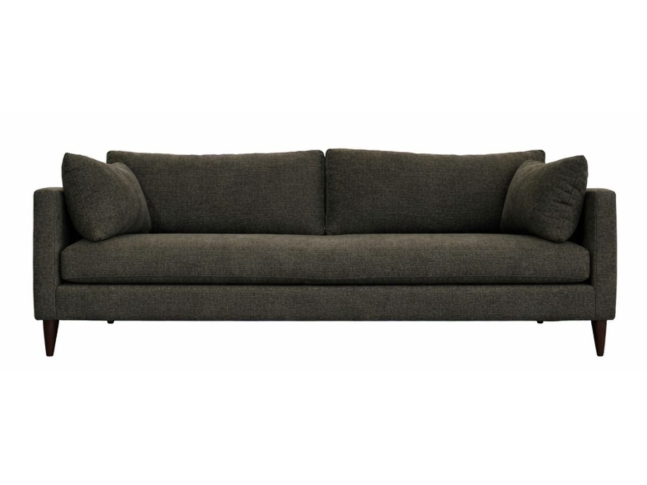 Dark gray custom sofa with four cushions on a white background