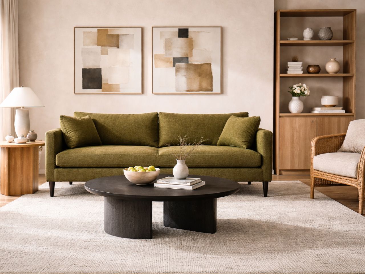 Modern living room with a green sofa in Calgary, round coffee table, and abstract art on the wall.