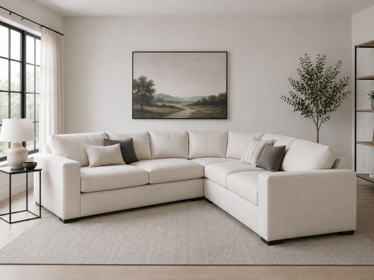 Cream leather sectional with modern styling and spacious seating.