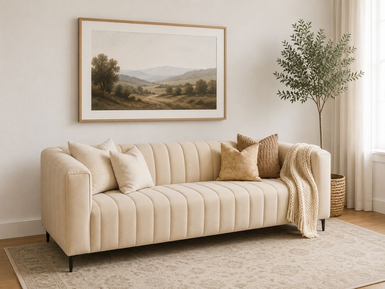 Cream upholstered sofa with channel tufting in a bright, elegant living room.