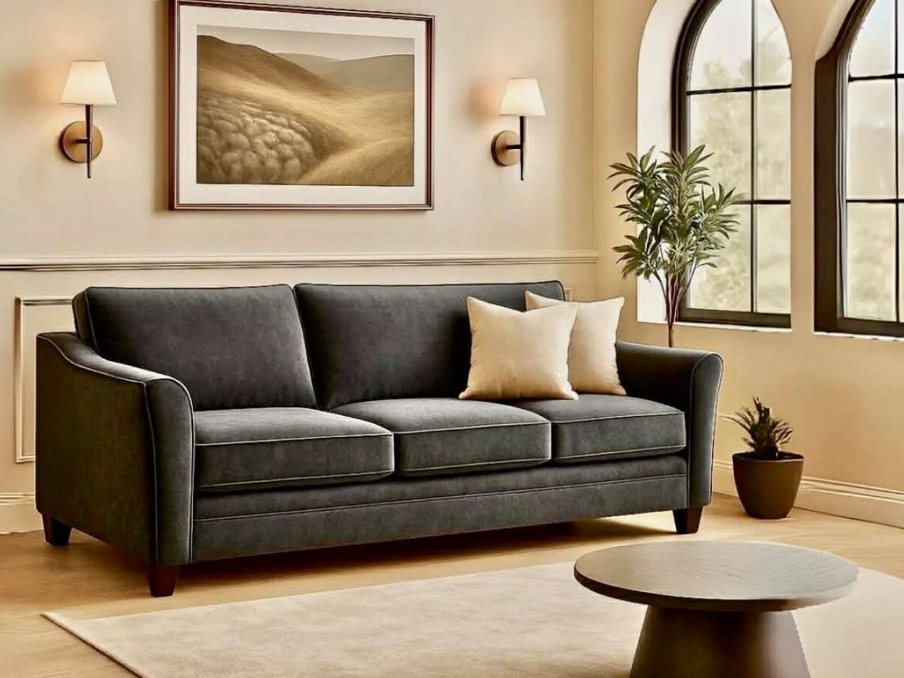 Custom Tyson sofa with two pillows against a light wall with a painting.