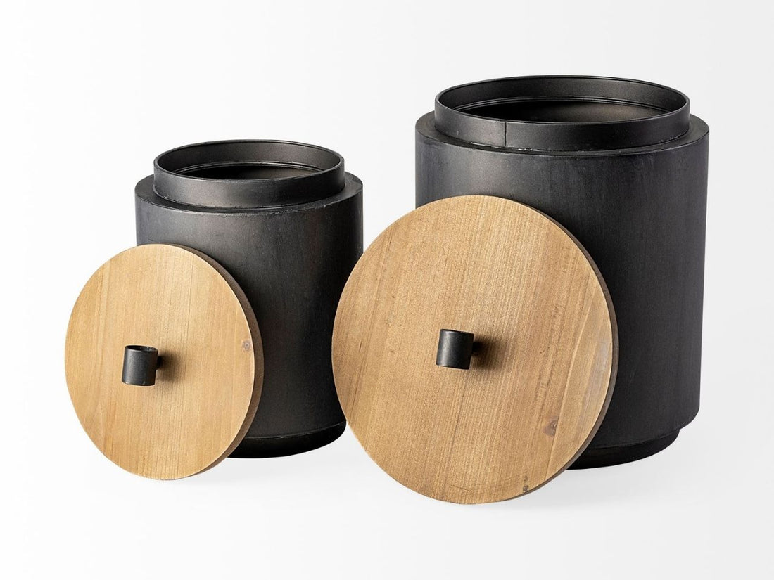 Cyril (Set of 2) Gray Metal W/ Brown Wood Lids Jars in Calgary in a white background