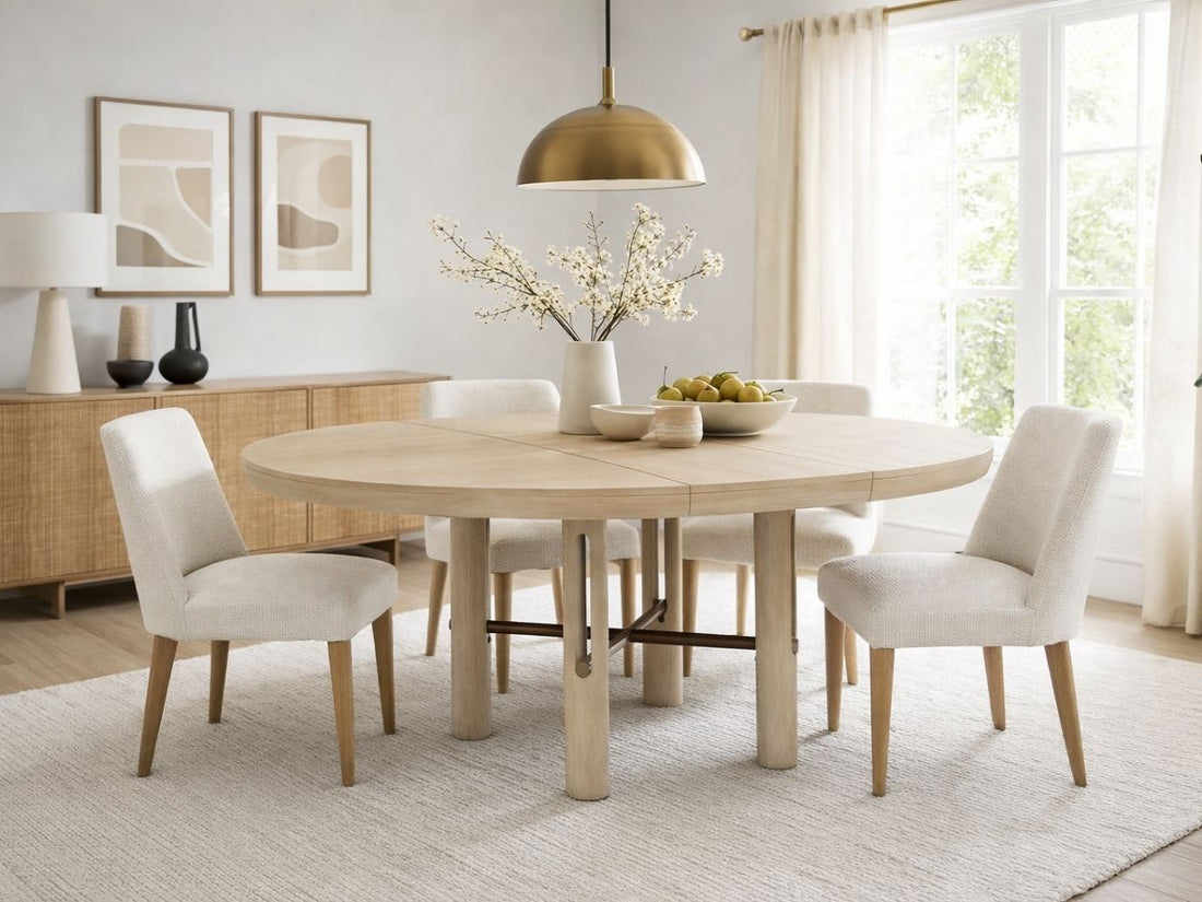 Light wood round extension dining table with upholstered chairs in a bright, neutral dining room.