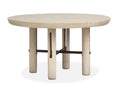 Light wood round extension dining table with cylindrical legs on a white background.