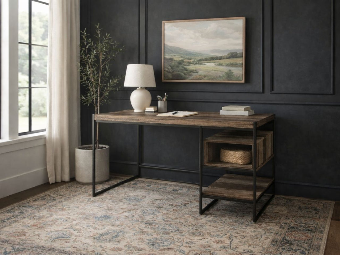 Wood and metal office desk with open shelving in a modern home office.