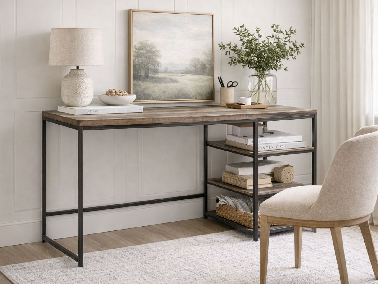 The Dandhi Multi-level Desk features a minimalist industrial design. It is constructed with a thick, rectangular tabletop made of textured wood with a weathered, multi-tonal brown finish.