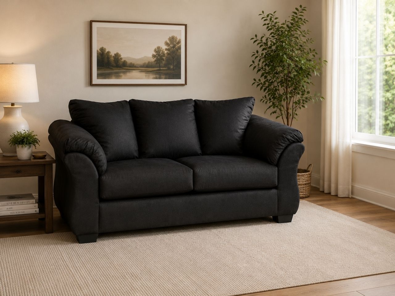 Black contemporary loveseat with plush cushions and rolled arms on a clean white background.