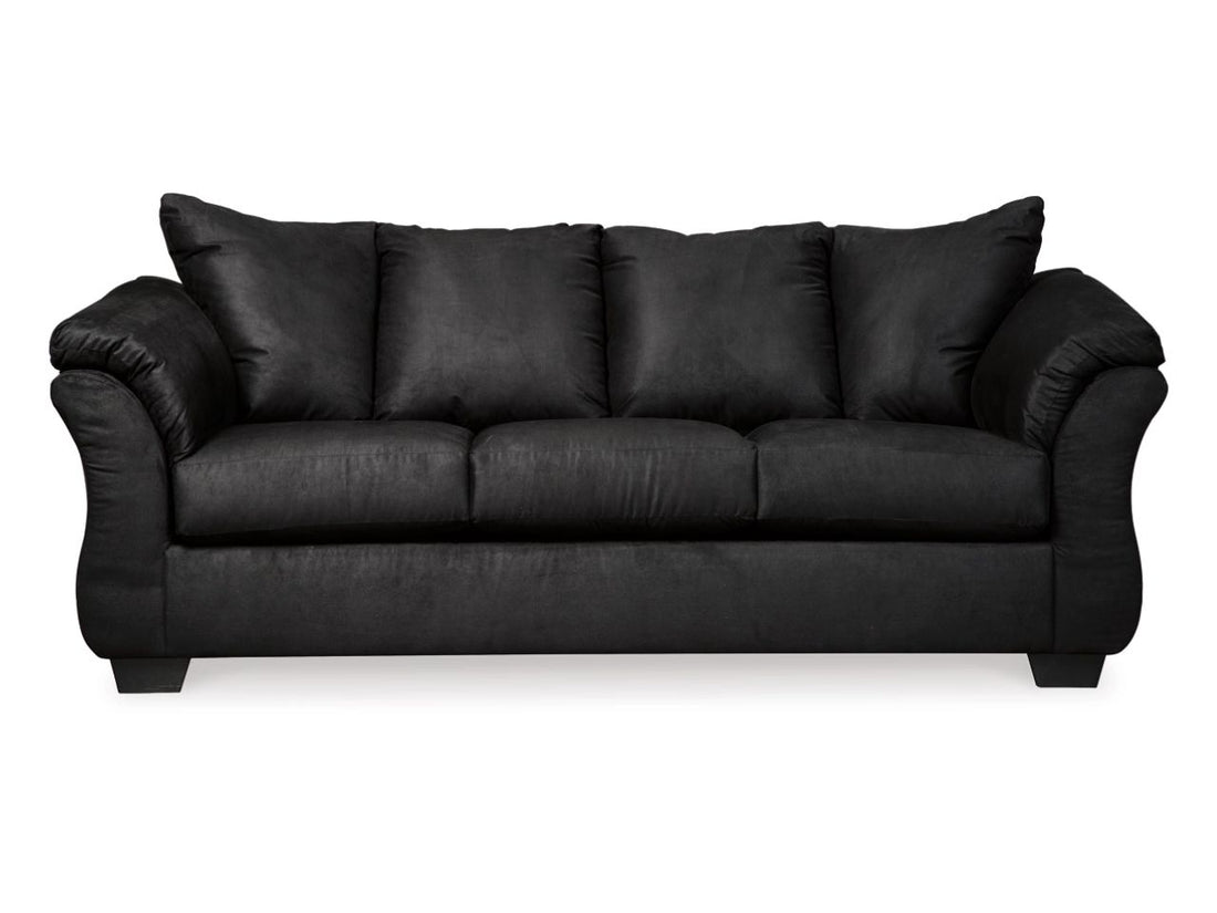Darcy Curved Upholstered Black Sofa with Pillow-Top Arms, Performance Fabric in Calgary in a white background 