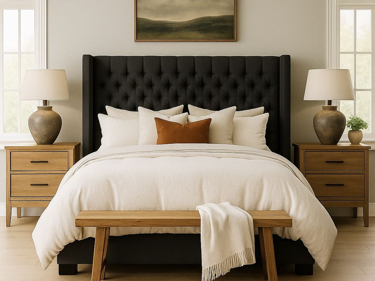 Neatly made darrk Panama bed in Calgary with white bedding and a wooden bench in a bedroom setting.