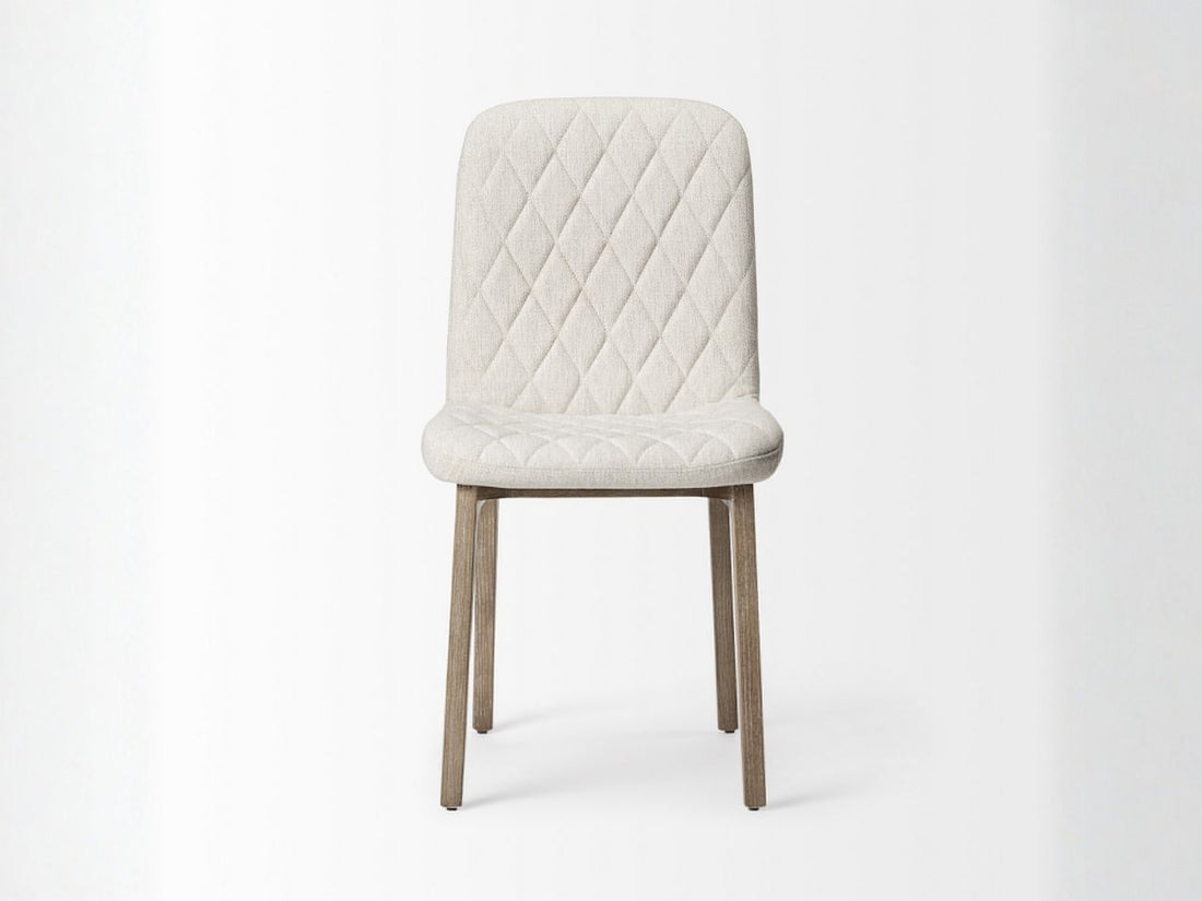 David Diamond Tuffed Cream Fabric Wrap Brown Wood Base Dining Chair in Calgary in a white background