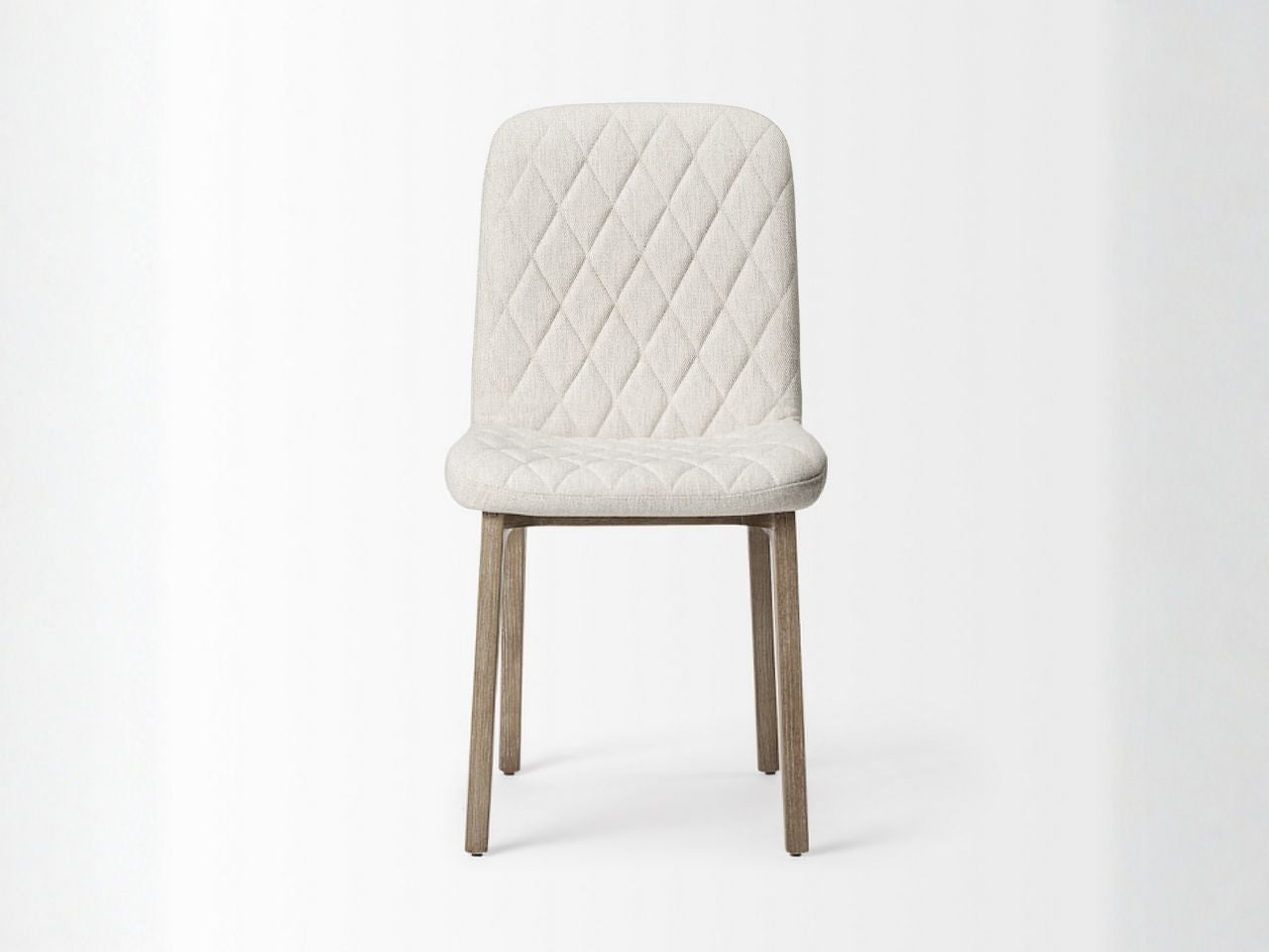 David Diamond Tuffed Cream Fabric Wrap Brown Wood Base Dining Chair in Calgary in a white background front view