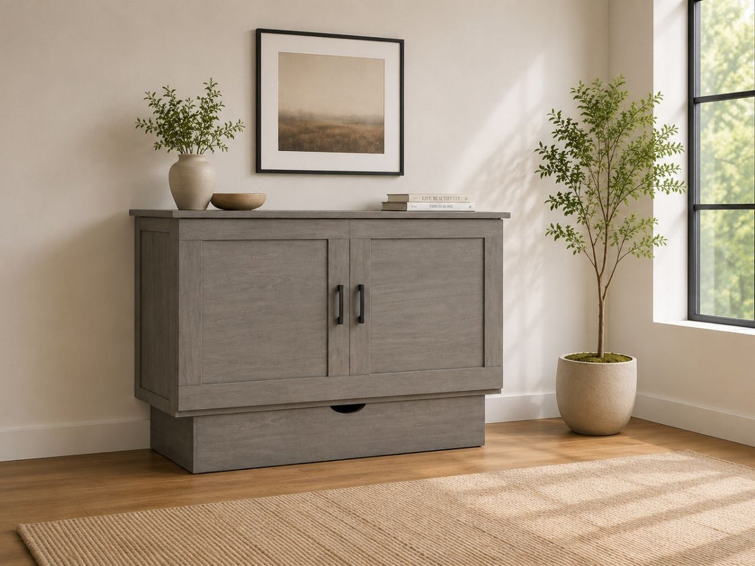 Modern grey Murphy bed cabinet with clean shaker-style doors, minimalist hardware, and soft neutral room decor.