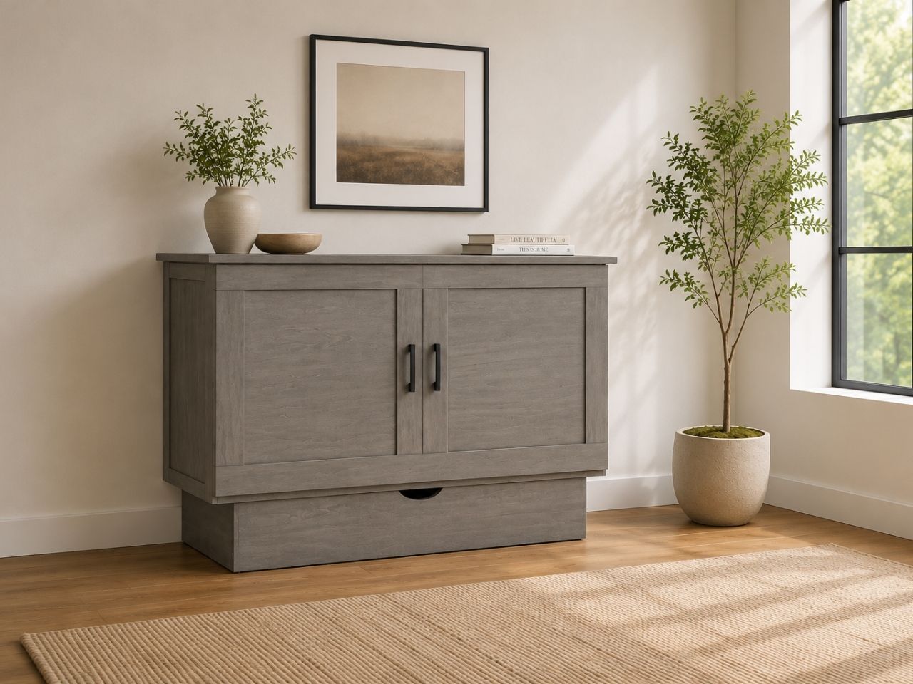Modern grey Murphy bed cabinet with clean shaker-style doors, minimalist hardware, and soft neutral room decor.