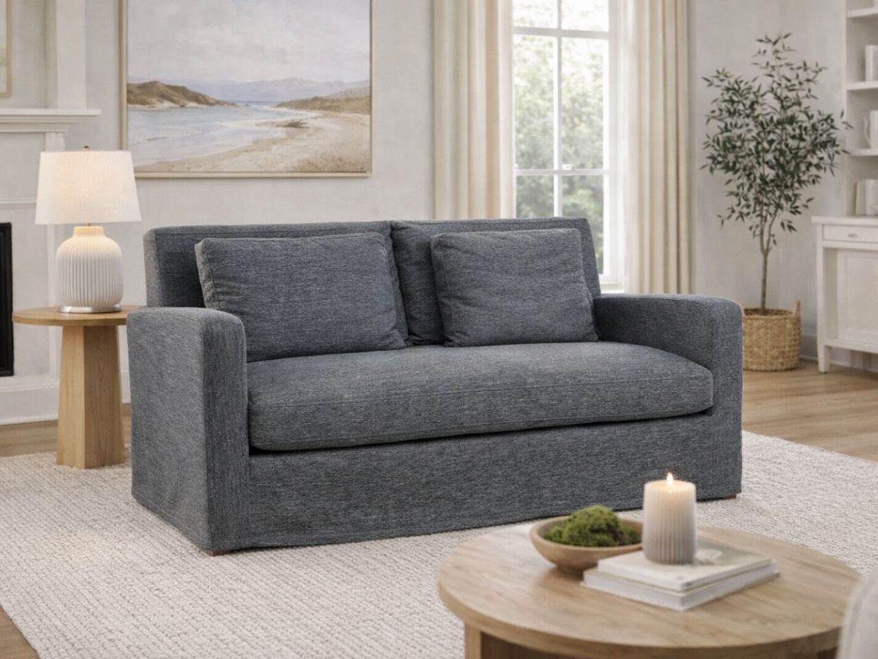 Castlerock gray upholstered loveseat styled in a bright living room with a side table and lamp.