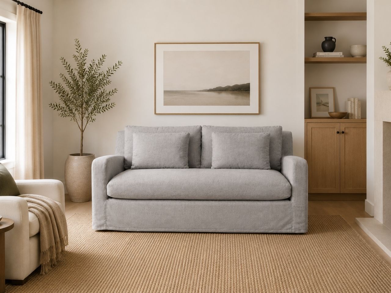 Gray loveseat in a cozy modern living room.