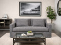 Flint gray upholstered loveseat styled in a modern living room with a glass coffee table and framed wall art.