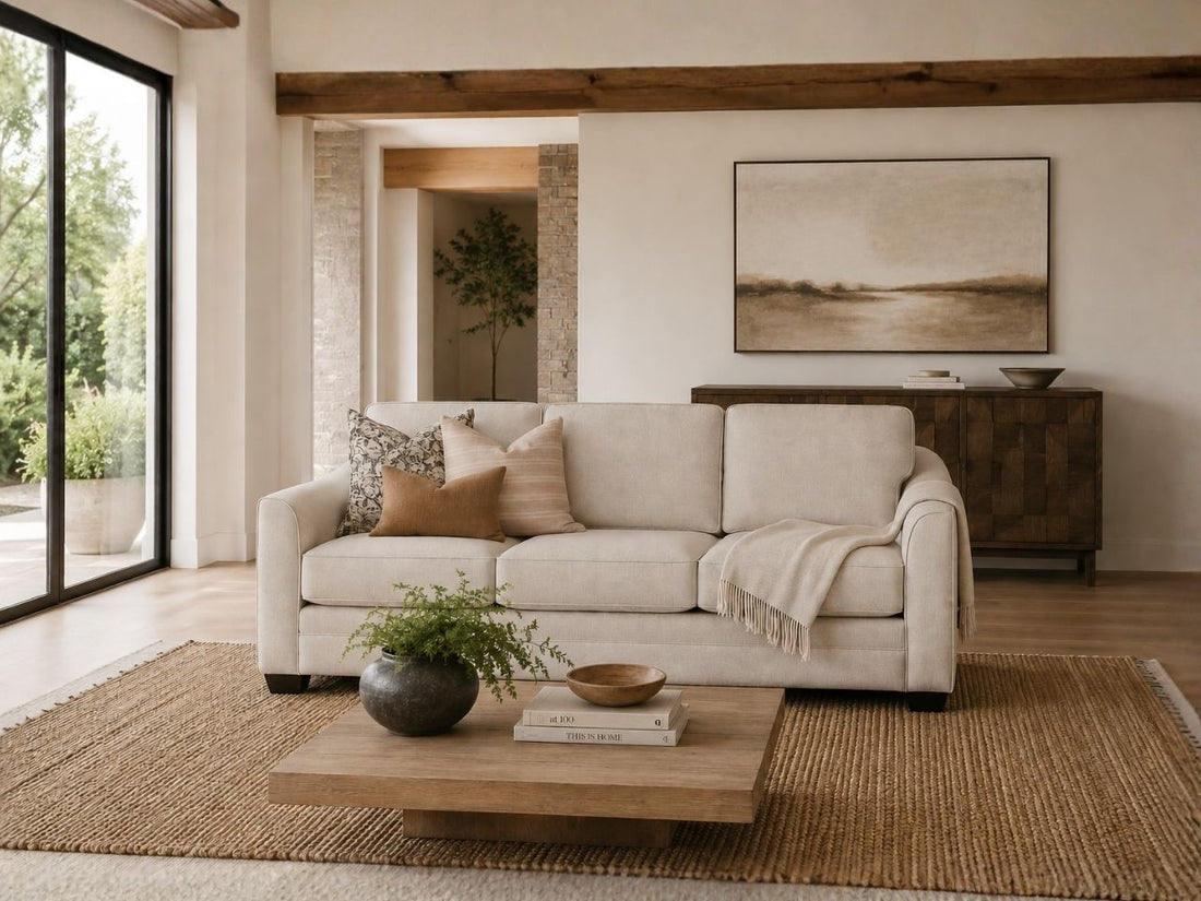 Cream upholstered sofa styled in a warm living room with neutral décor, wood accents, and a woven area rug.