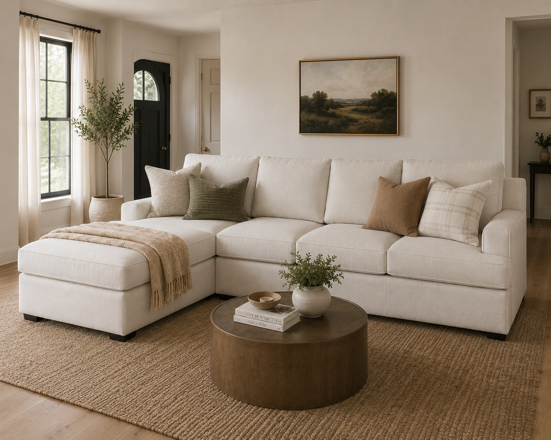 Cream sectional sofa with chaise in a warm modern living room.
