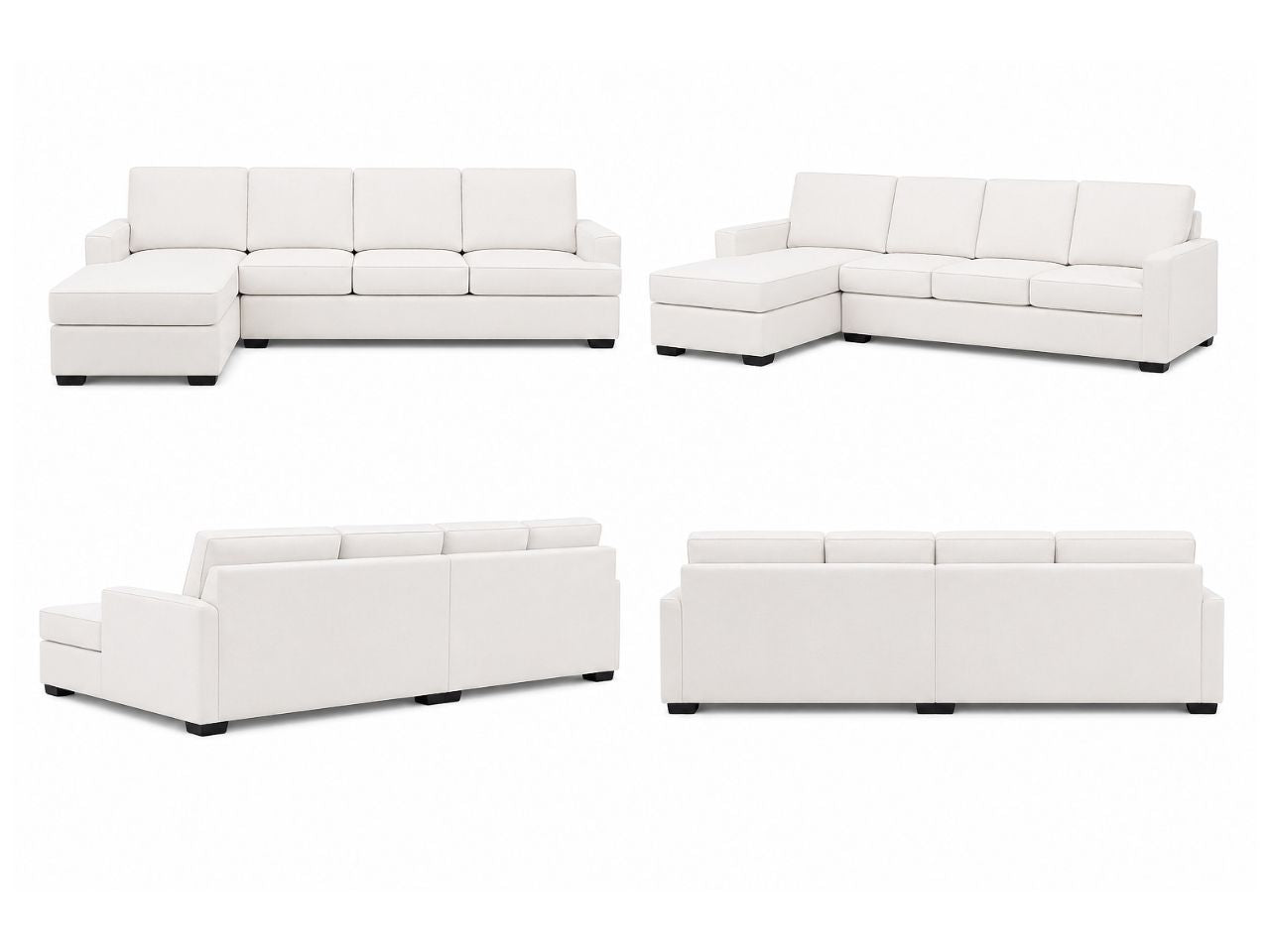 Modern neutral fabric sofa with chaise shown from multiple angles on a white background.