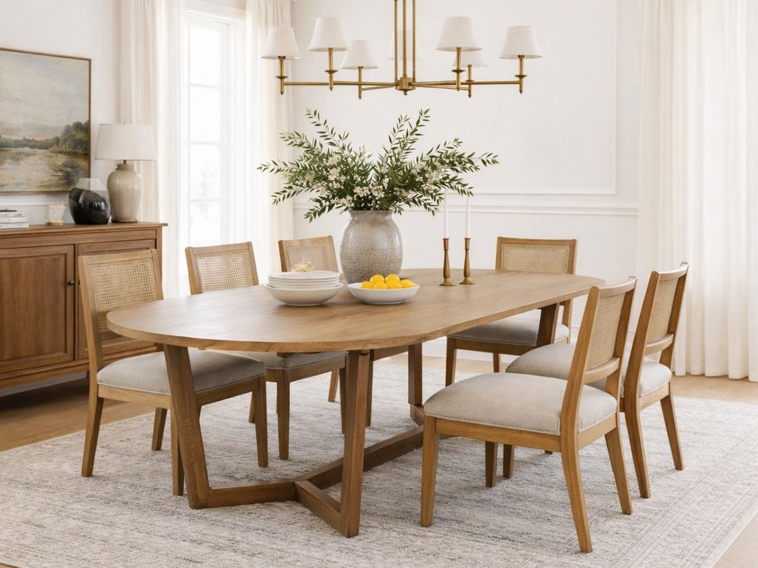 Light wood oval dining table with cane-back chairs in a bright dining room.