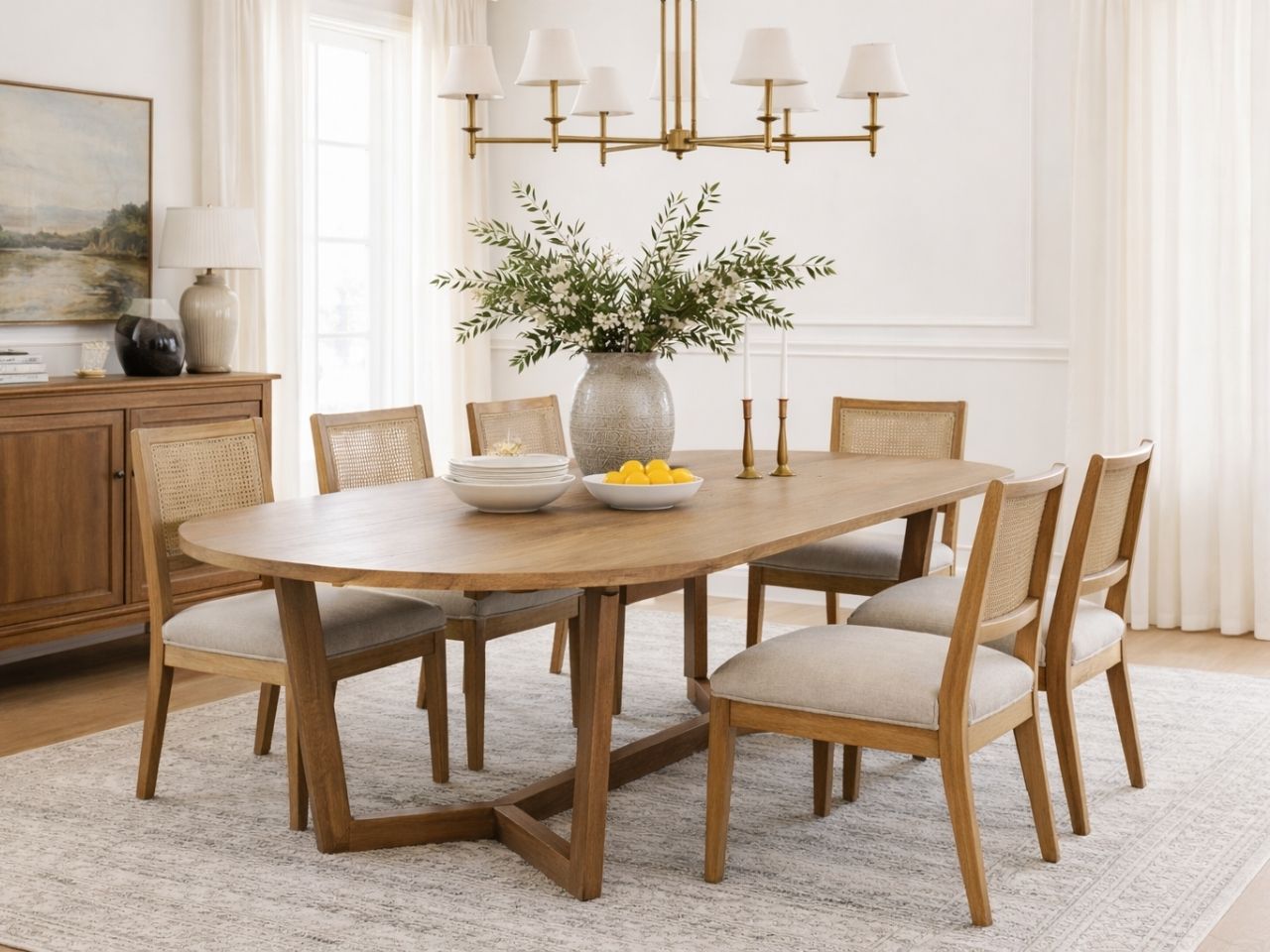 Light wood oval dining table with cane-back chairs in a bright dining room.