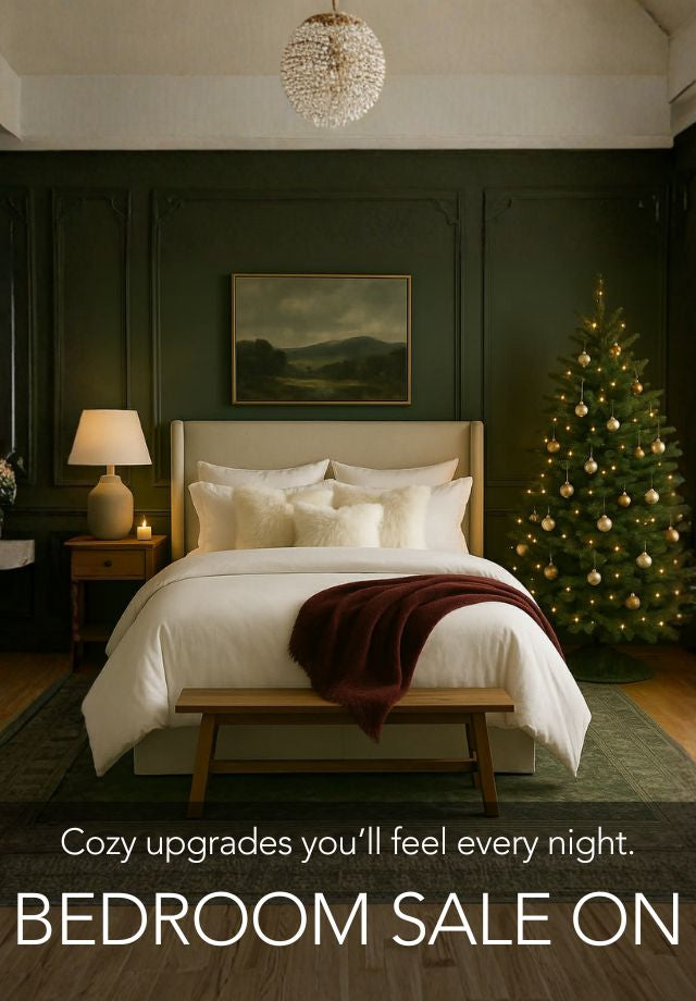 Cozy bedroom with Christmas tree and decoration, featuring huge bed sale in Calgary by Showhome Furniture
