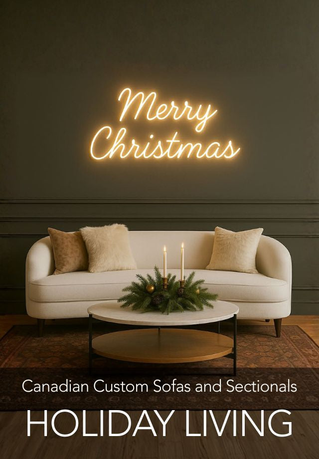 Beige sectional sofa in Calgary in a living room with a Christmas tree and 'Merry Christmas' neon sign by Showhome Furniture