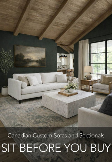 Living room with Canadian Custom Sofas and Sectionals, featuring a couch, coffee table, and decor.