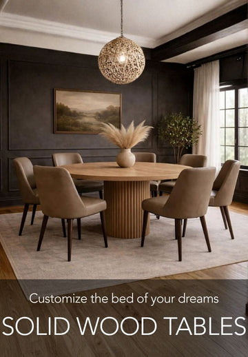 Dining room with a wooden table and chairs, featuring text about solid wood tables.