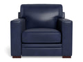 A modern leather accent chair with a boxy silhouette, wide arms, and a plush seat cushion, upholstered in deep navy blue leather and shown against a white background.