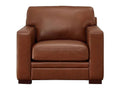 A contemporary leather accent chair featuring clean lines, wide arms, and supportive cushioning, shown in a warm medium brown leather finish on a white background.