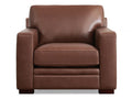A leather accent chair with a structured, minimalist design, squared arms, and a deep seat, upholstered in rich dark brown leather and displayed against a white background.