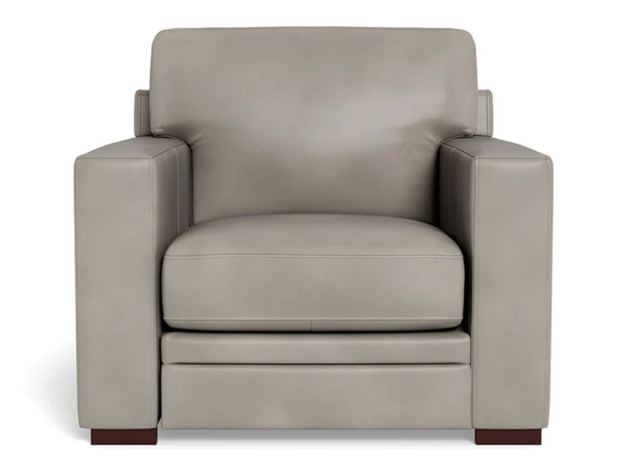 A contemporary leather accent chair with a clean, box-style silhouette, wide arms, and supportive cushions, upholstered in a light grey leather and photographed on a white background.