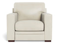 A modern leather accent chair with a sleek profile, wide arms, and smooth cushions, shown in a soft off-white leather finish against a white background.