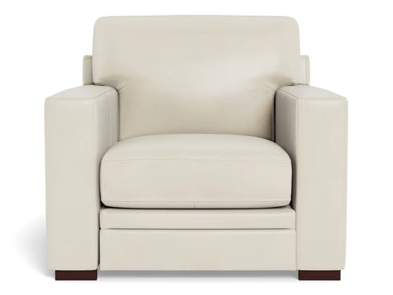 A modern leather accent chair with a sleek profile, wide arms, and smooth cushions, shown in a soft off-white leather finish against a white background.